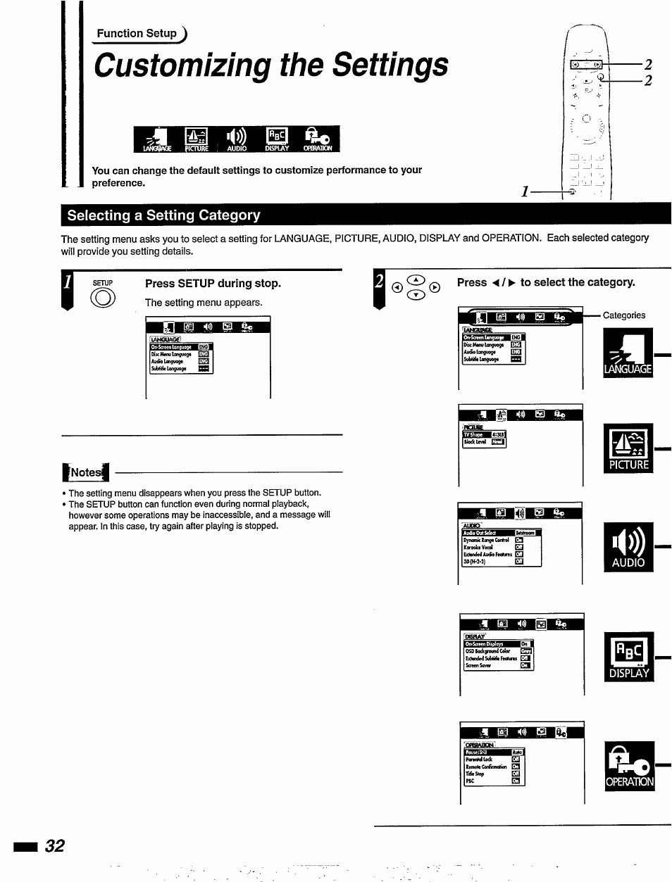 Selecting a setting category, Press setup during stop, Press ◄ / ►■ to select the category | Note, Picture, Display, Customizing the settings, To) is | Philips DVD855AT User Manual | Page 34 / 58