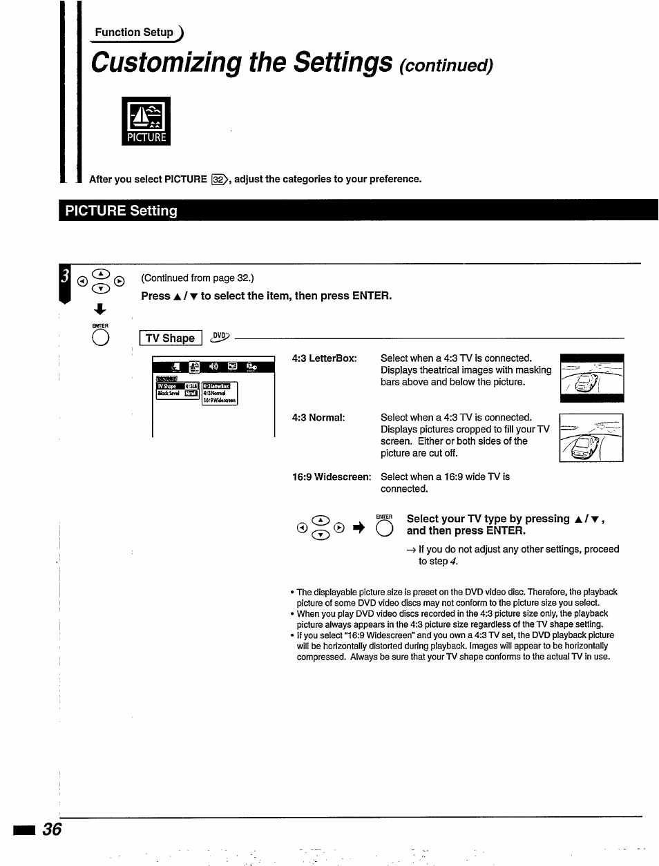 Picture, Picture setting, Press a / t to seiect the item, then press enter | Tv shape, Customizing the settings, Continued) | Philips DVD855AT User Manual | Page 38 / 58