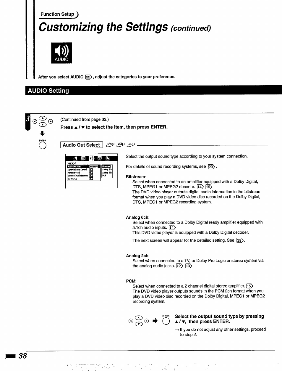 Audio setting, Press a / t to seiect the item, then press enter, Audio out seiect c!ss | Customizing the settings, Continued) | Philips DVD855AT User Manual | Page 40 / 58