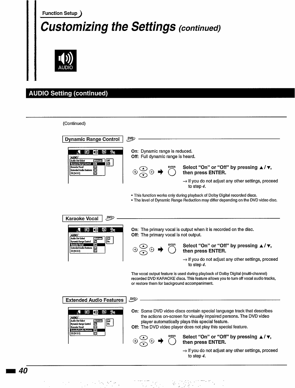 Audio setting (continued), Customizing the settings, Continued) | Philips DVD855AT User Manual | Page 42 / 58