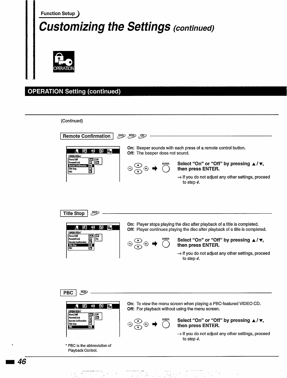 Function setup, Operation setting (continued), Remote confirmation ¿3? <3 | 0 0 then press enter, Seiect “on” or “off” by pressing a / t, Titie stop, 0 (2) ® press enter, Select “on” or “off” by pressing a, Pbc 3, 0^0 4 o then press enter | Philips DVD855AT User Manual | Page 48 / 58