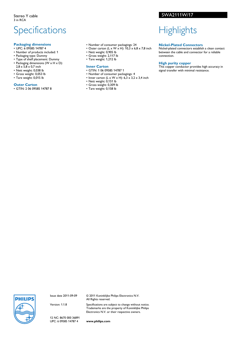 Specifications, Highlights | Philips Stereo Y cable SWA2111W 3 in RCA User Manual | Page 2 / 2