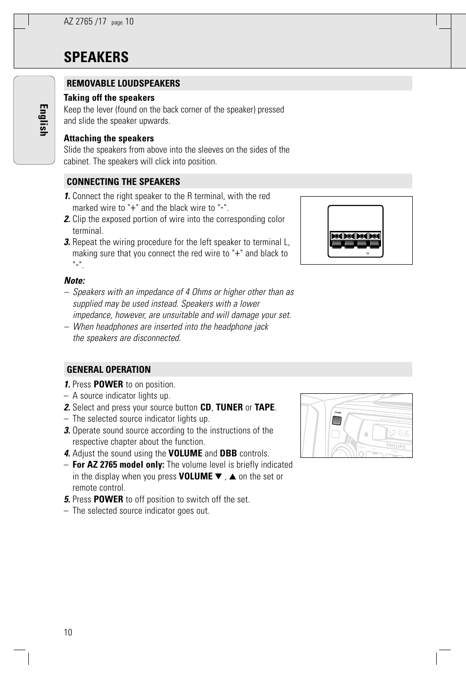 Speakers, English | Philips AZ2785 User Manual | Page 10 / 47