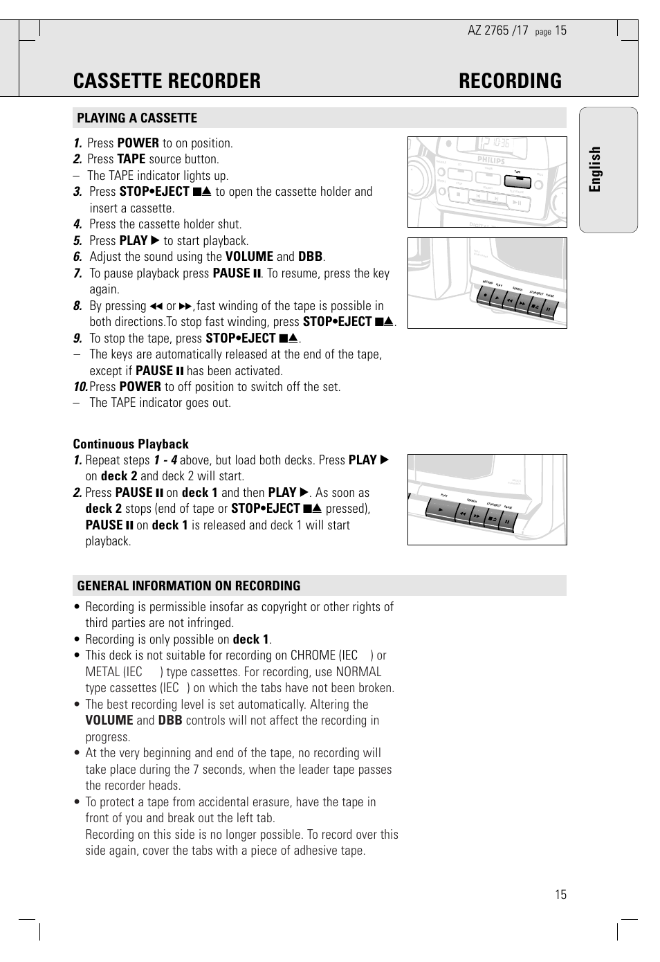 Cassette recorder recording, English | Philips AZ2785 User Manual | Page 15 / 47