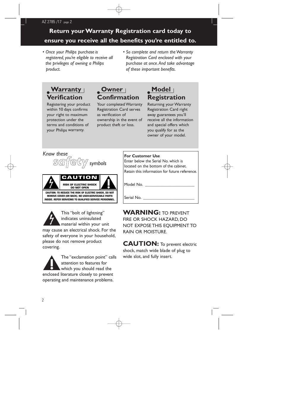 Safety, Warranty verification, Owner confirmation | Model registration, Warning, Caution | Philips AZ2785 User Manual | Page 2 / 47