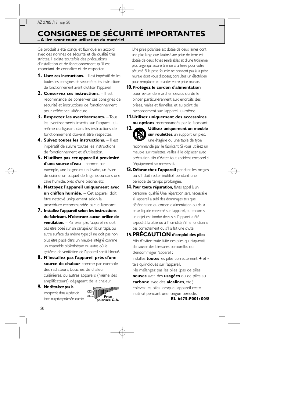 Consignes de sécurité importantes, Précaution | Philips AZ2785 User Manual | Page 20 / 47