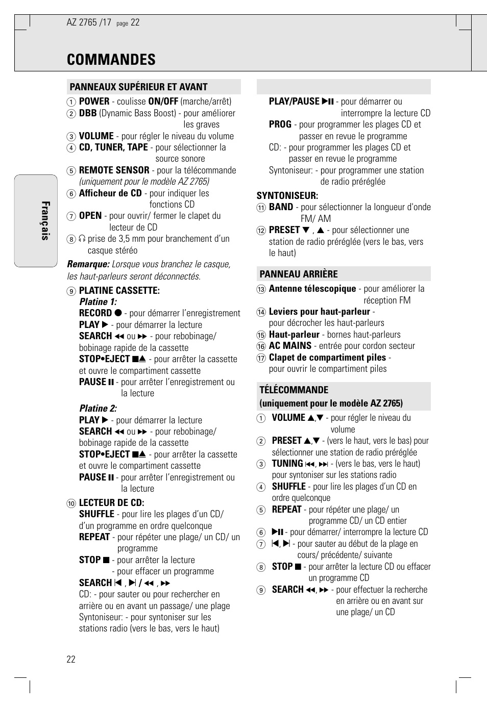 Commandes | Philips AZ2785 User Manual | Page 22 / 47