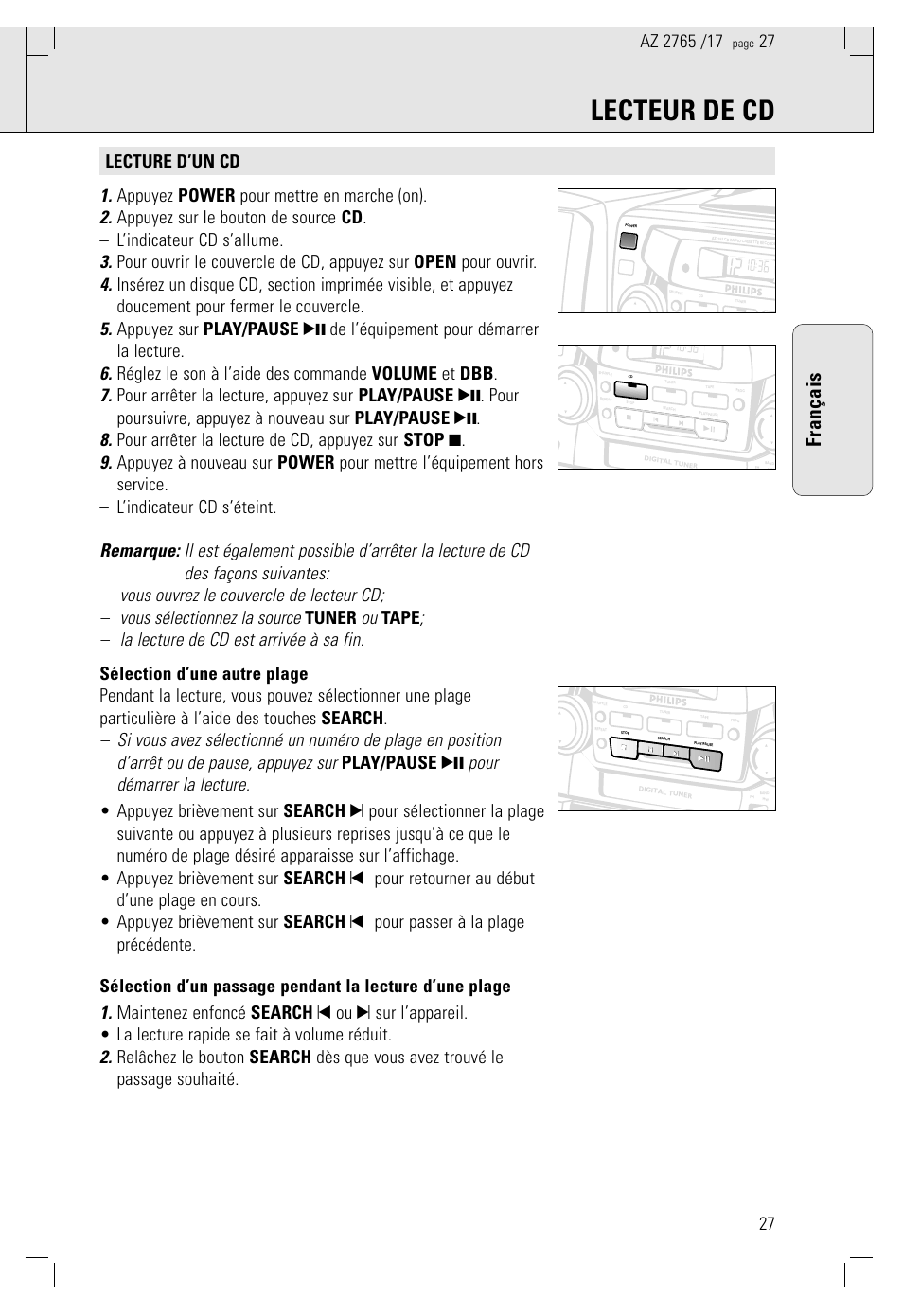 Lecteur de cd, Français | Philips AZ2785 User Manual | Page 27 / 47