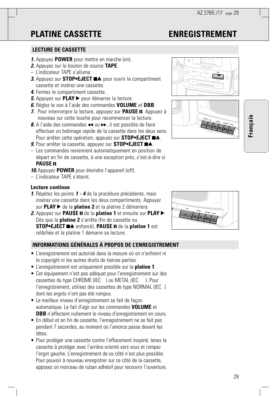 Platine cassette enregistrement, Français | Philips AZ2785 User Manual | Page 29 / 47
