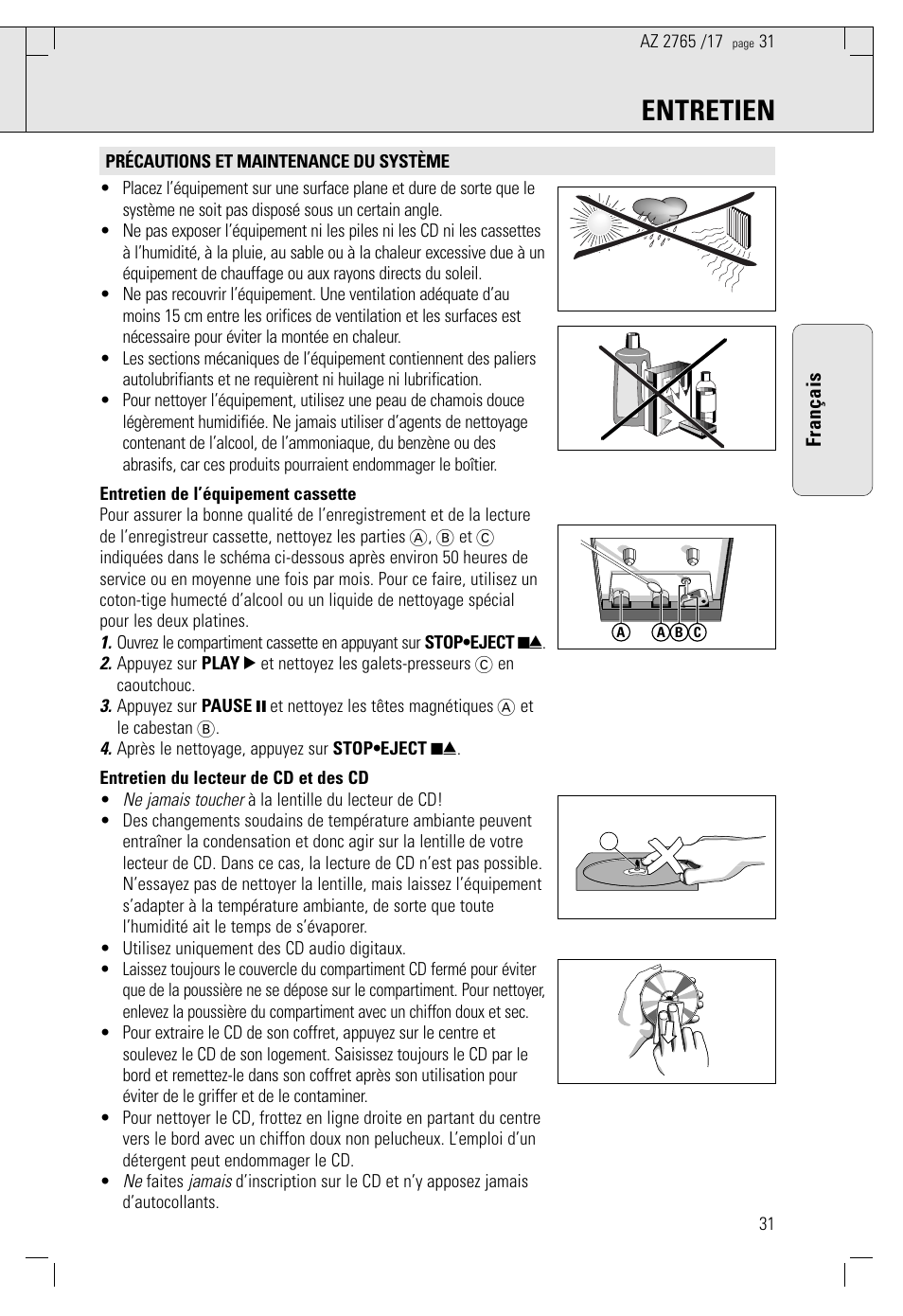 Entretien | Philips AZ2785 User Manual | Page 31 / 47
