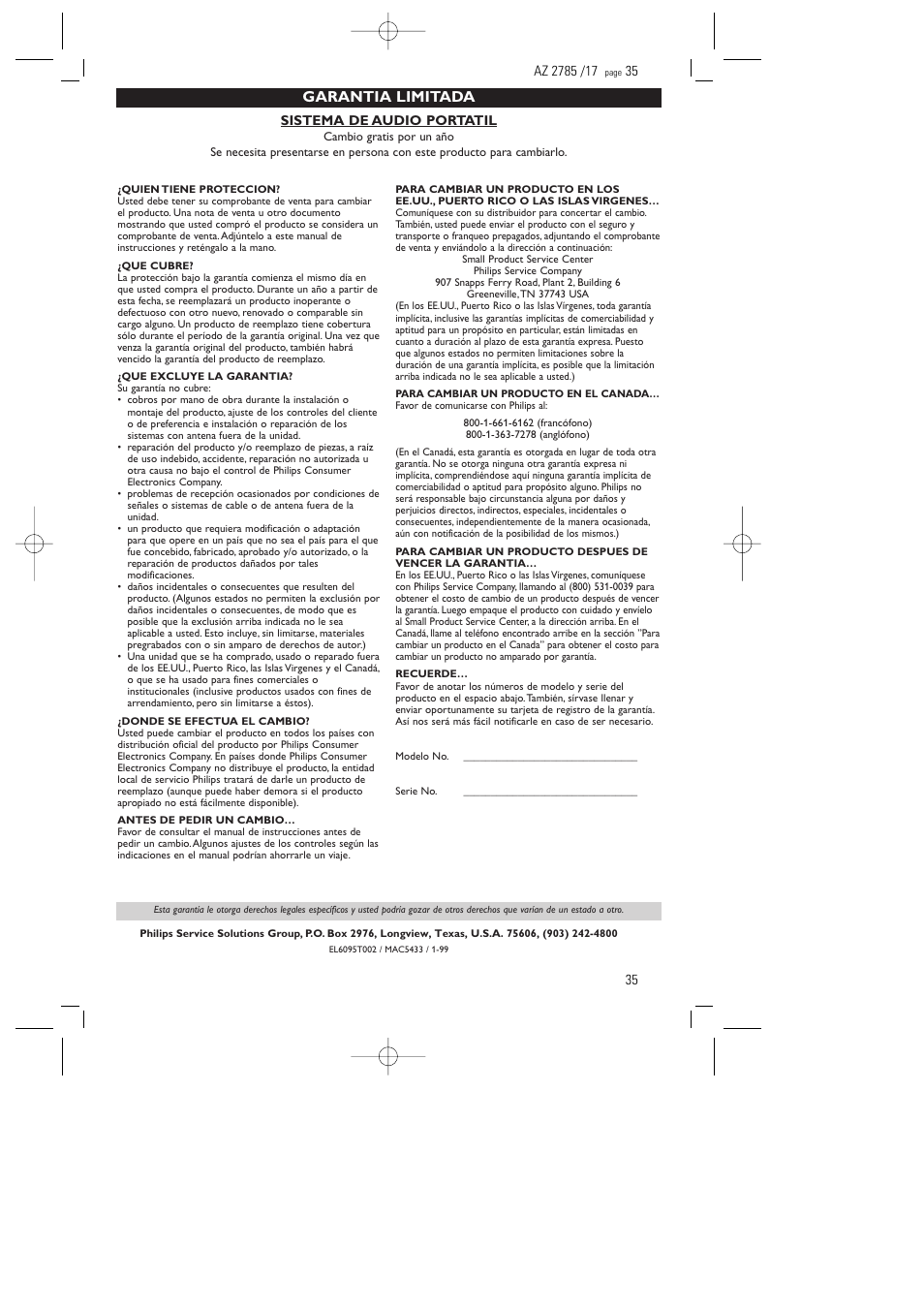 Garantia limitada, 35 sistema de audio portatil | Philips AZ2785 User Manual | Page 35 / 47
