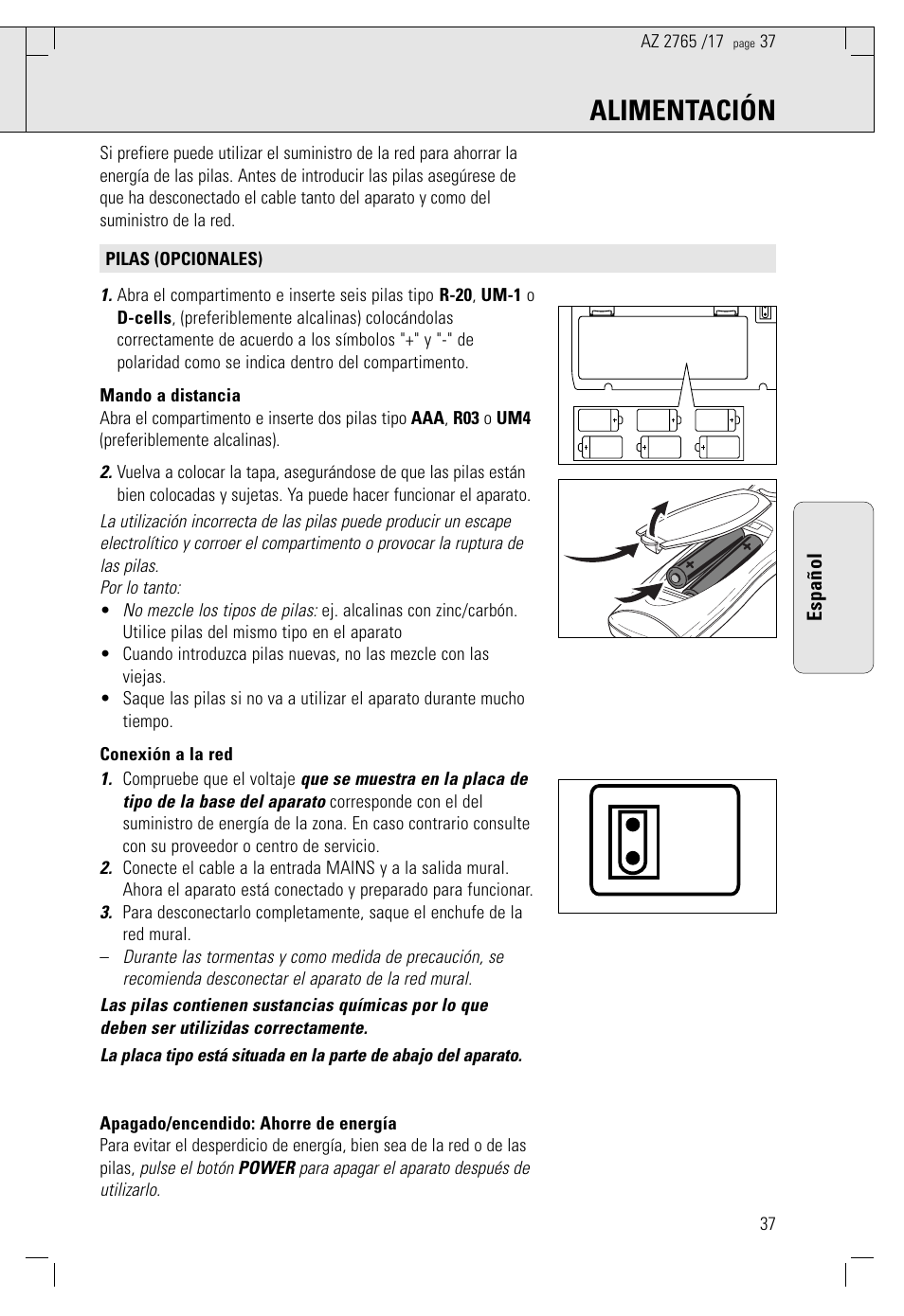 Alimentación, Español | Philips AZ2785 User Manual | Page 37 / 47