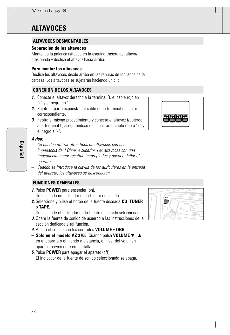Altavoces, Español | Philips AZ2785 User Manual | Page 38 / 47