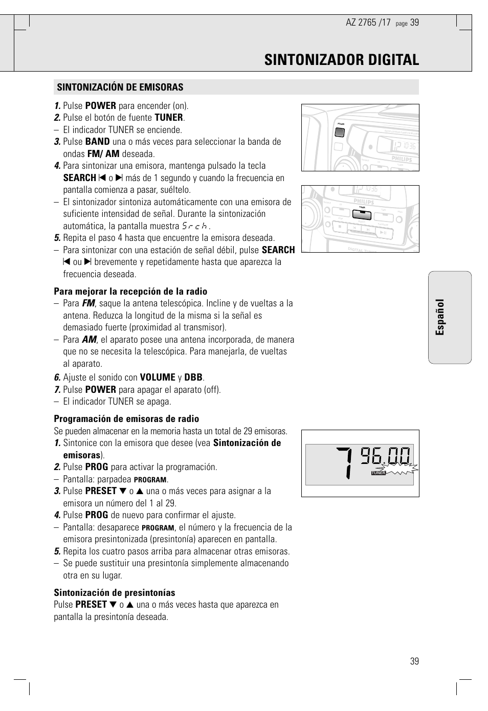 Sintonizador digital, Español | Philips AZ2785 User Manual | Page 39 / 47