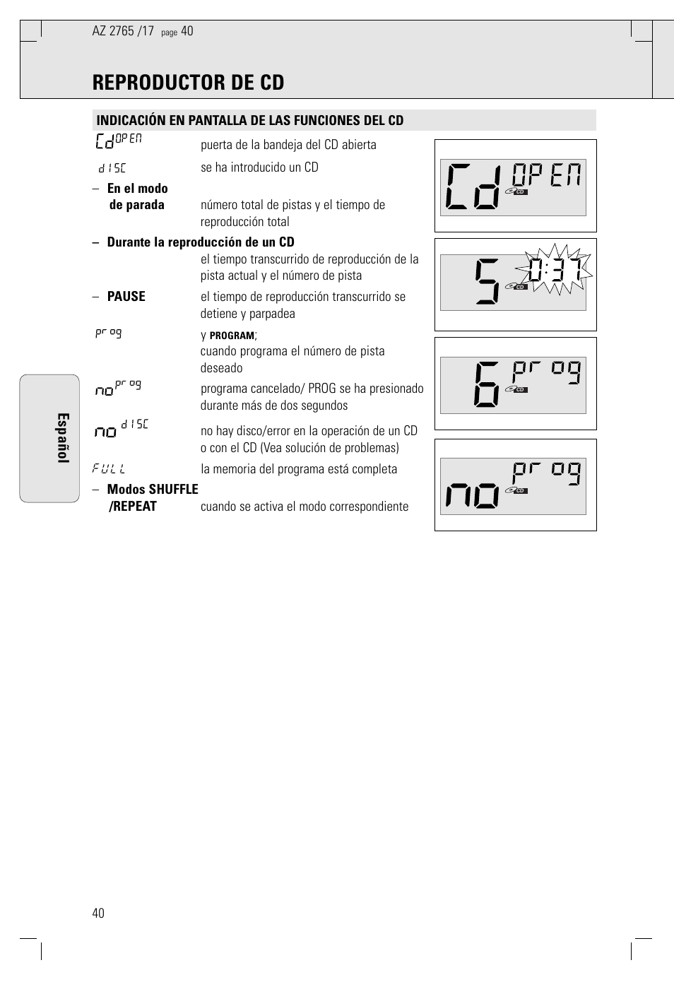 Reproductor de cd, Español | Philips AZ2785 User Manual | Page 40 / 47