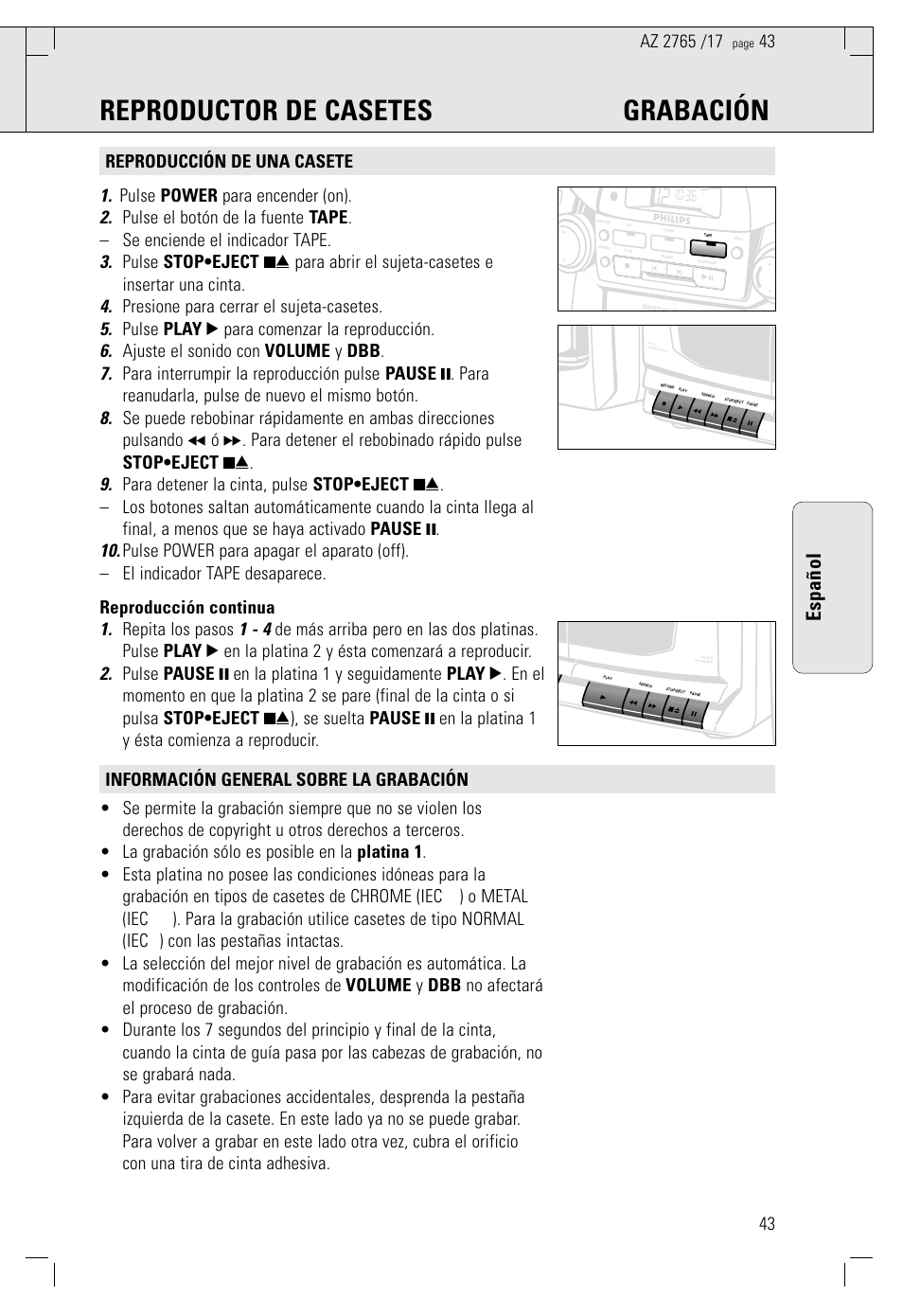 Reproductor de casetes grabación, Español | Philips AZ2785 User Manual | Page 43 / 47