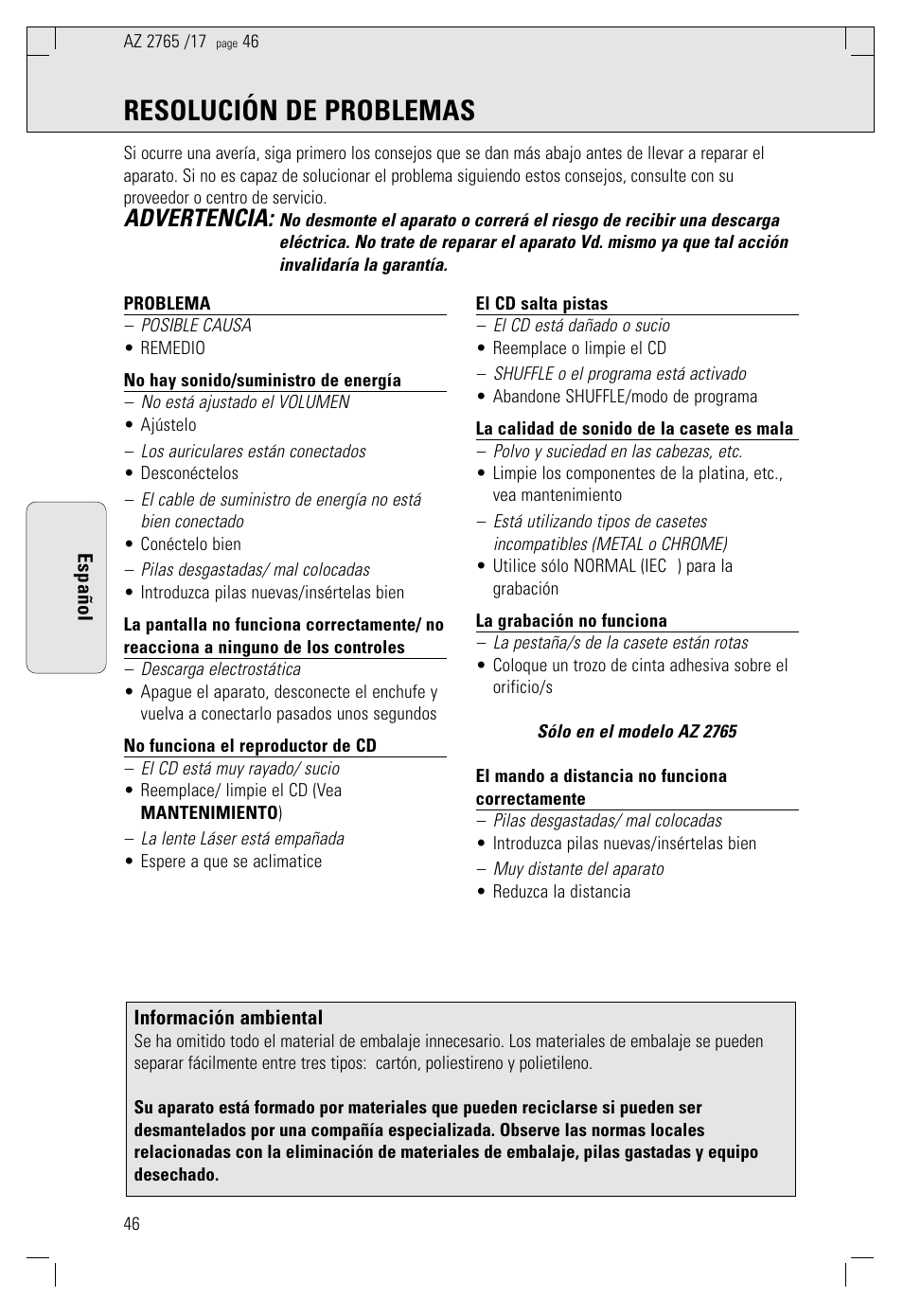 Resolución de problemas, Advertencia | Philips AZ2785 User Manual | Page 46 / 47