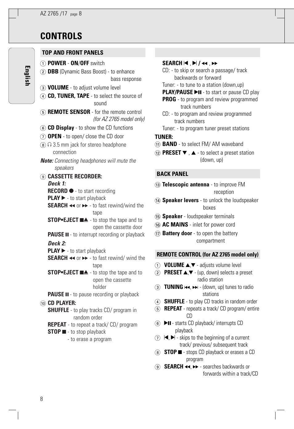 Controls | Philips AZ2785 User Manual | Page 8 / 47