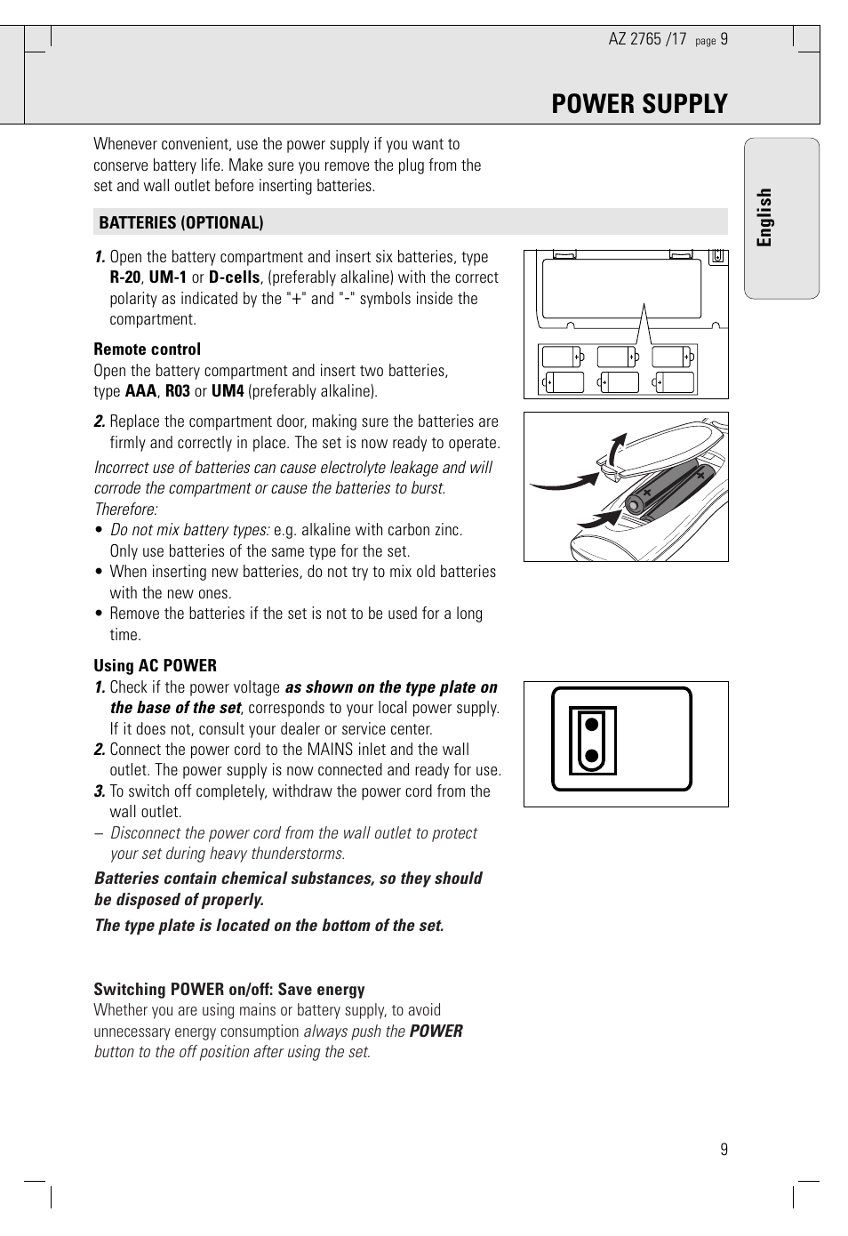 Power supply | Philips AZ2785 User Manual | Page 9 / 47