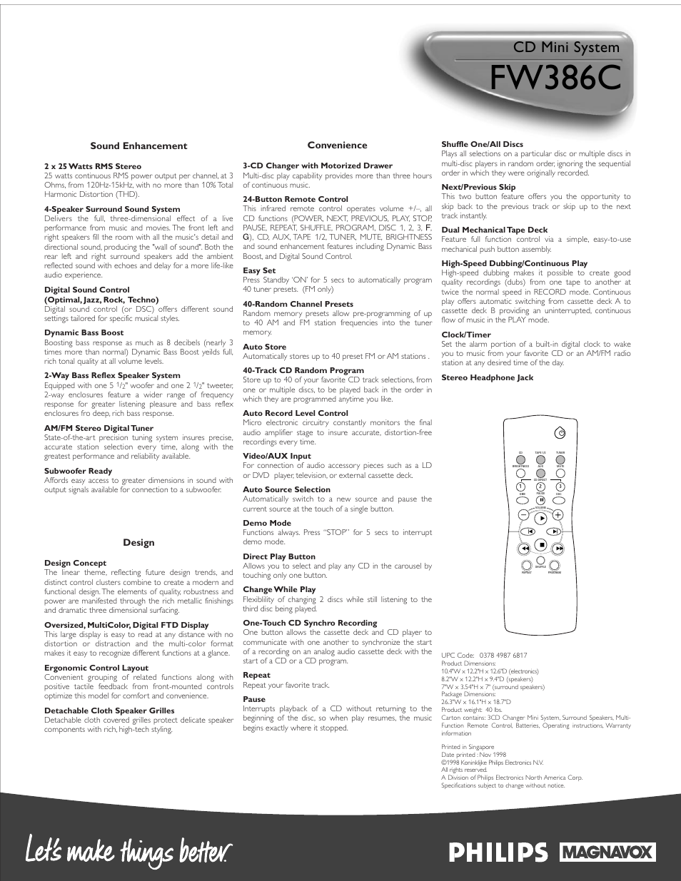 Fw386c, Cd mini system, Sound enhancement | Design, Convenience | Philips FW386C-37 User Manual | Page 2 / 2