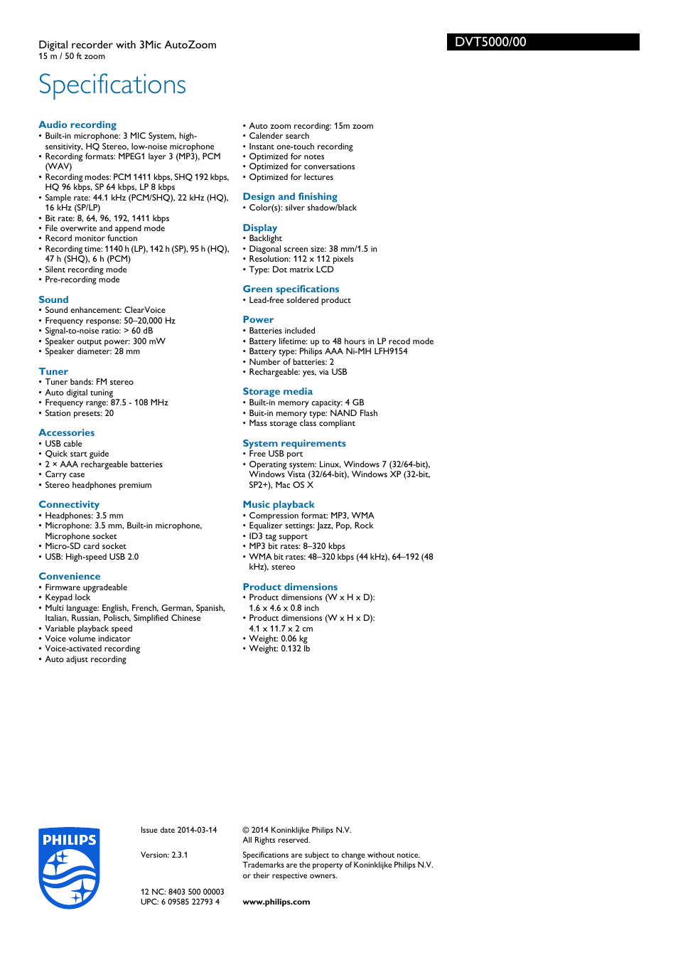 Specifications | Philips DVT5000-00 User Manual | Page 3 / 3