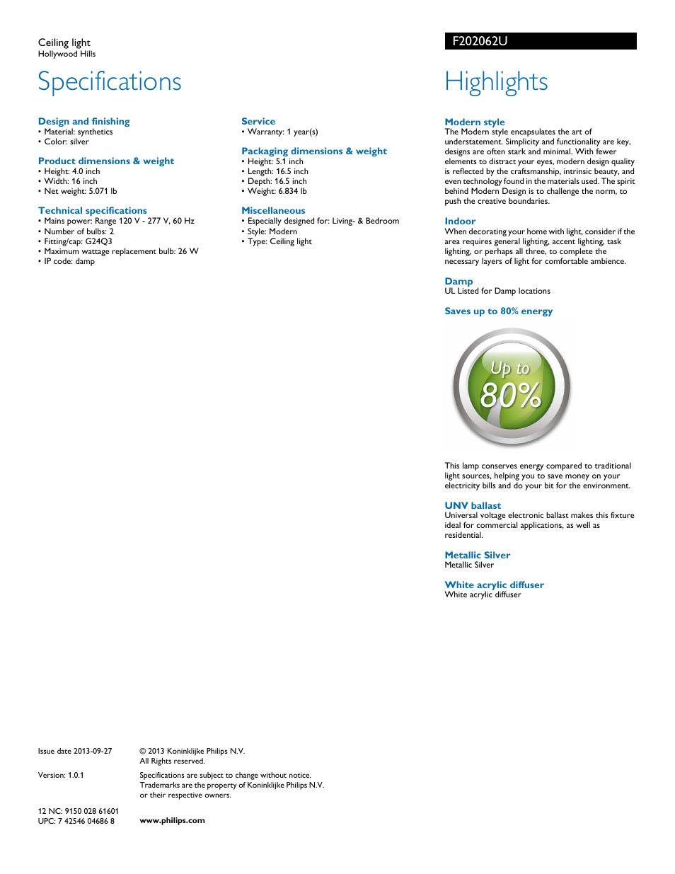 Specifications, Highlights | Philips F202062U User Manual | Page 2 / 2