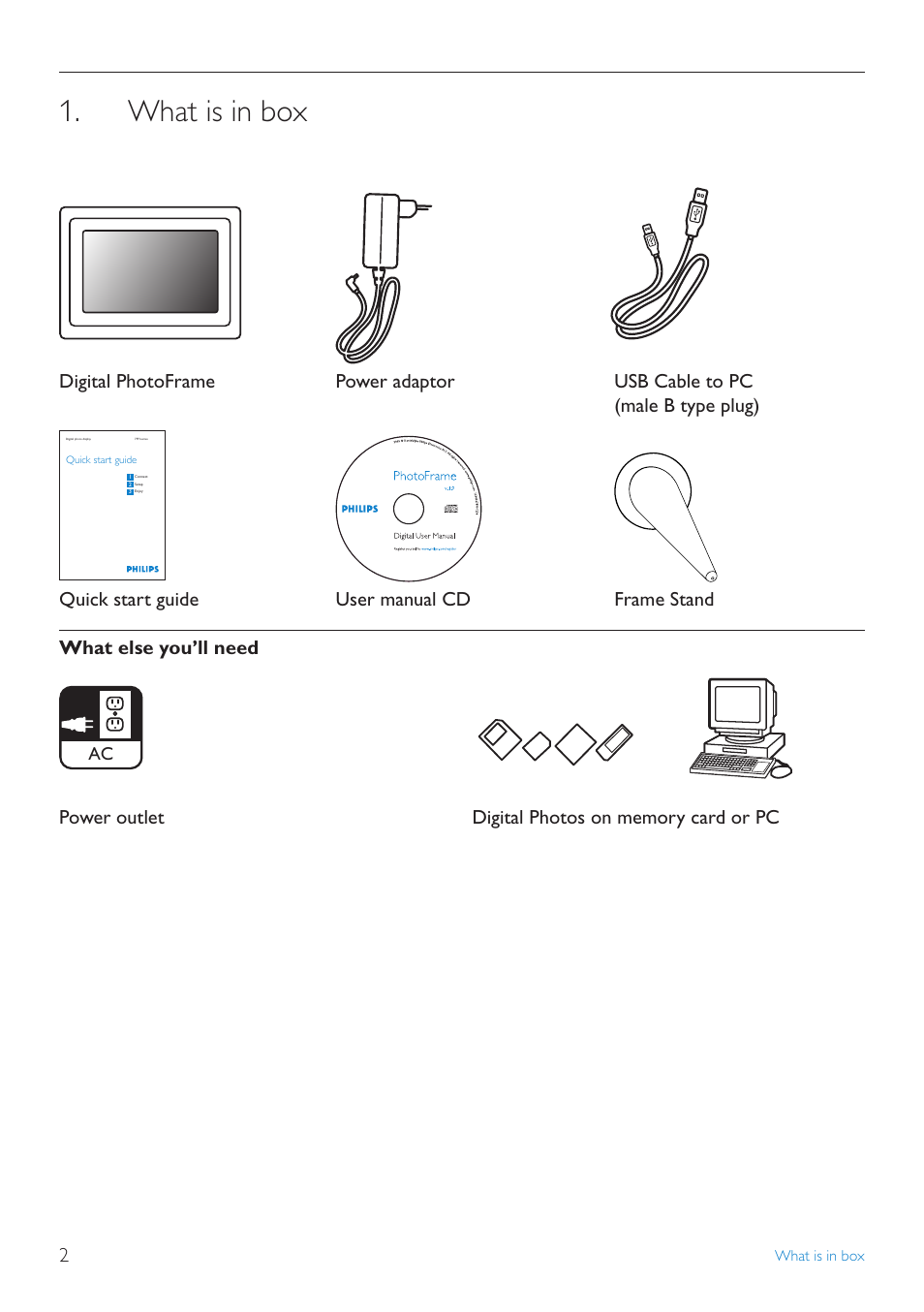 What is in box, Connect, 1 attach the stand | 2 connect the power adaptor, Setup, 1 turn on the photo frame | Philips 7FF2FPA-27E User Manual | Page 4 / 16