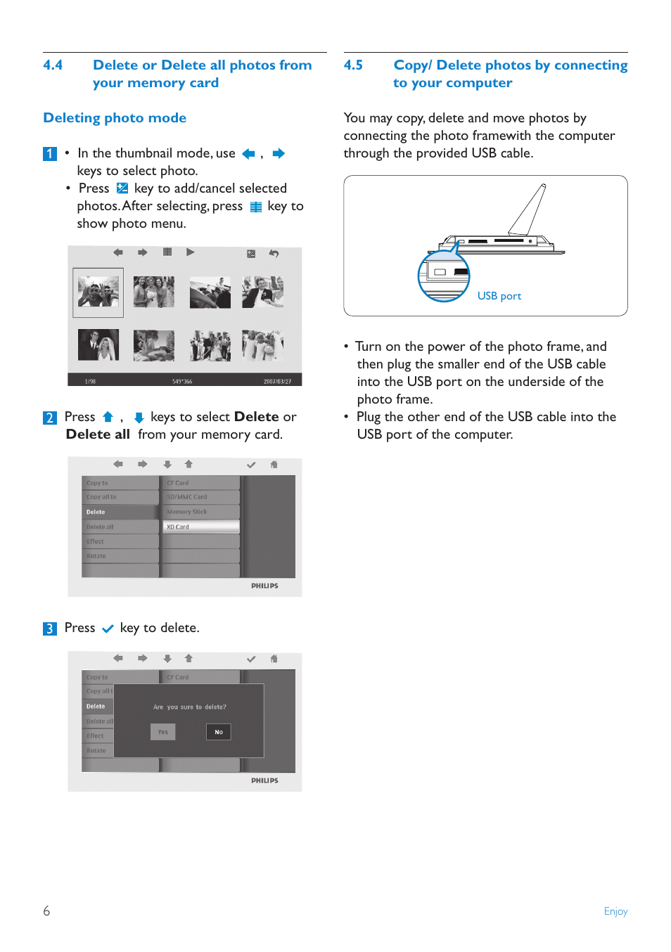 6 set time and date functions, 7 set auto on/off timer functions | Philips 7FF2FPA-27E User Manual | Page 8 / 16