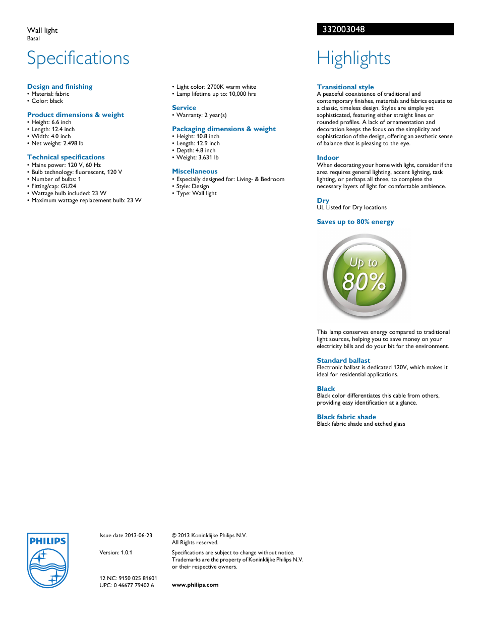 Specifications, Highlights | Philips 332003048 User Manual | Page 2 / 2