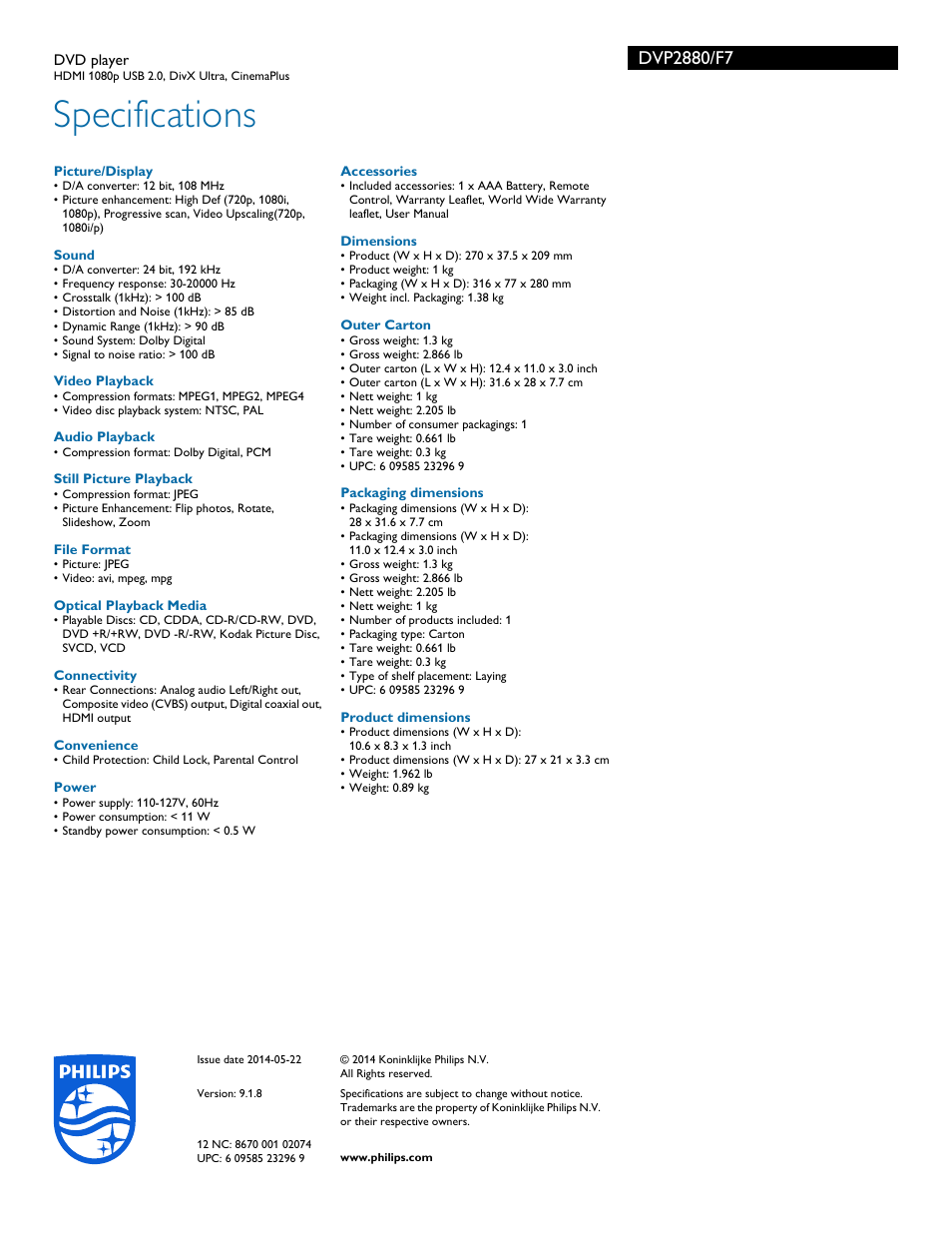 Specifications | Philips DVP2880-F7 User Manual | Page 3 / 3