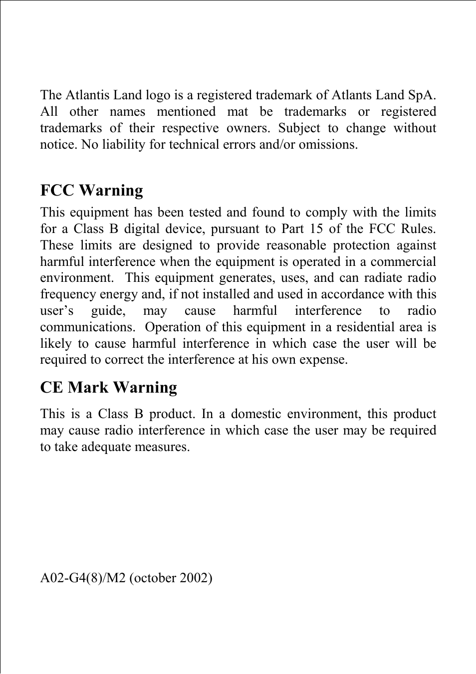Fcc warning, Ce mark warning | Atlantis Land A02-G4(8)/M2 User Manual | Page 2 / 17
