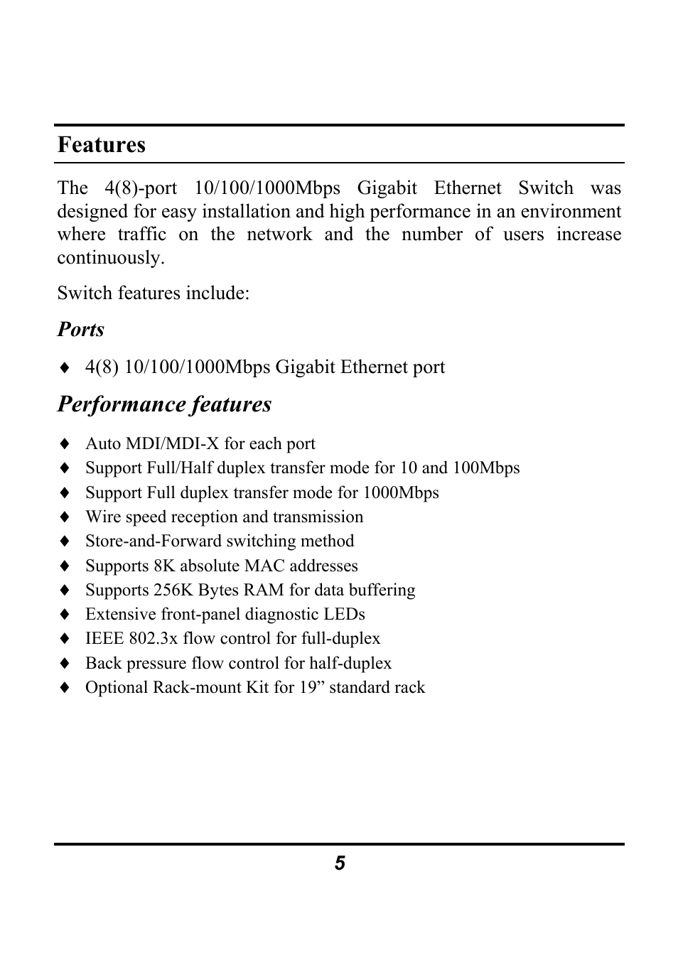 Features, Performance features | Atlantis Land A02-G4(8)/M2 User Manual | Page 8 / 17