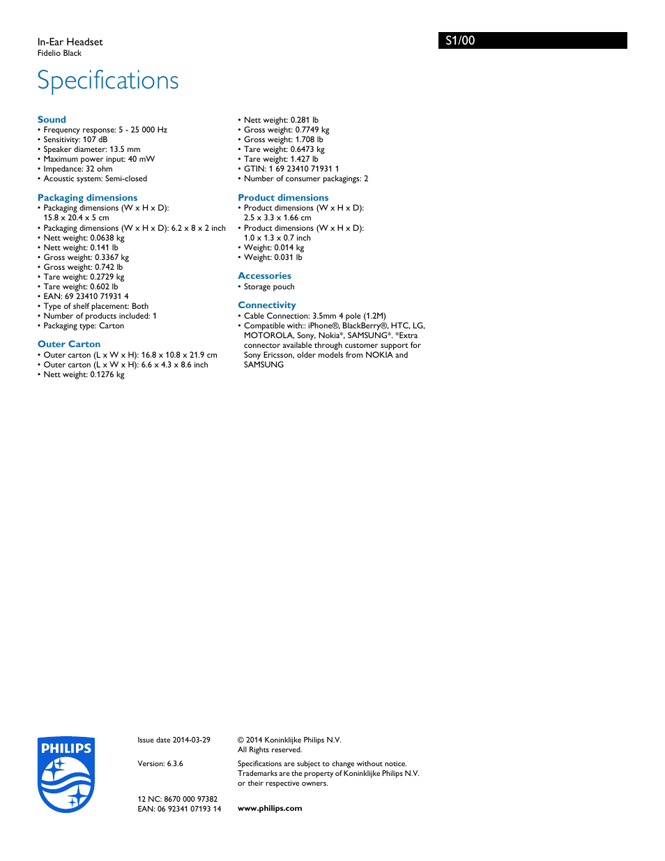 Specifications, S1/00 | Philips S1-00 User Manual | Page 3 / 3