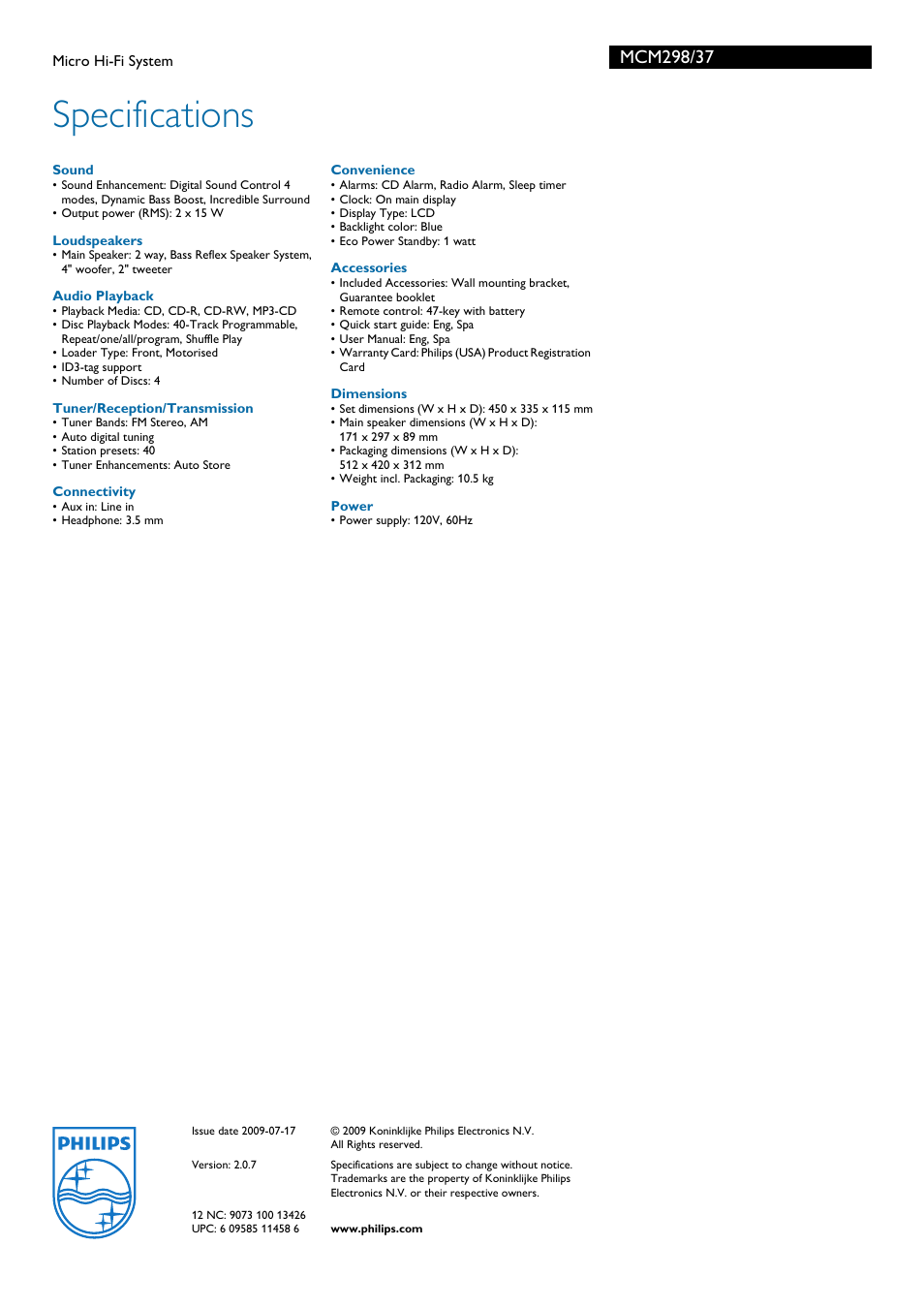 Specifications | Philips MCM298-37 User Manual | Page 3 / 3