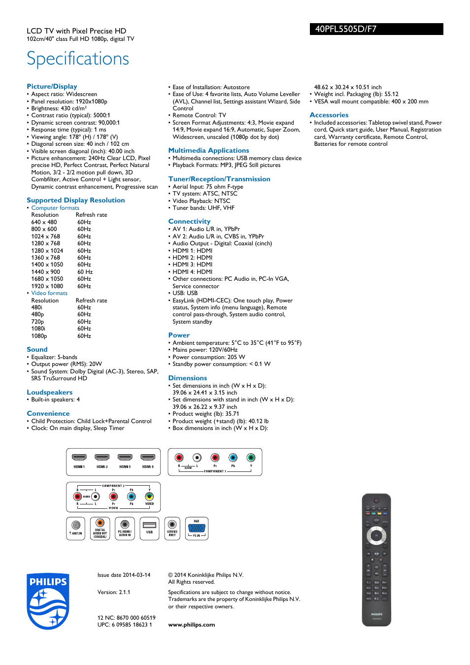 Specifications | Philips 40PFL5505D-F7 User Manual | Page 3 / 3