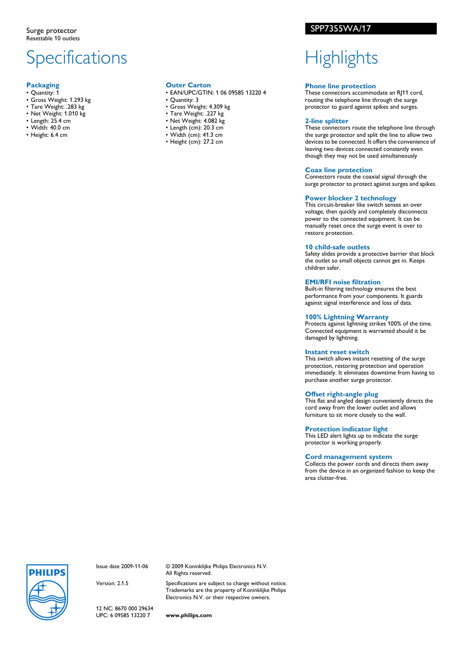 Specifications, Highlights | Philips SPP7355WA-17 User Manual | Page 2 / 2