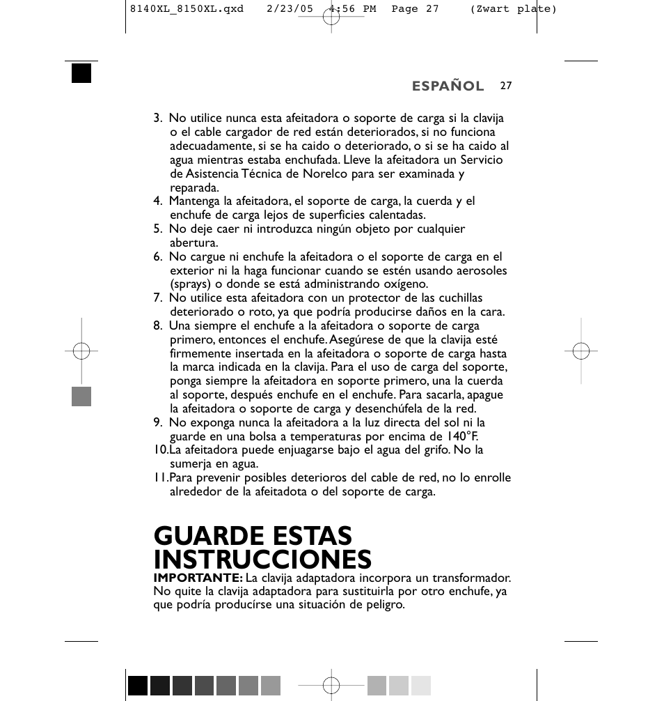 Guarde estas instrucciones | Philips 8150XL-43 User Manual | Page 27 / 48
