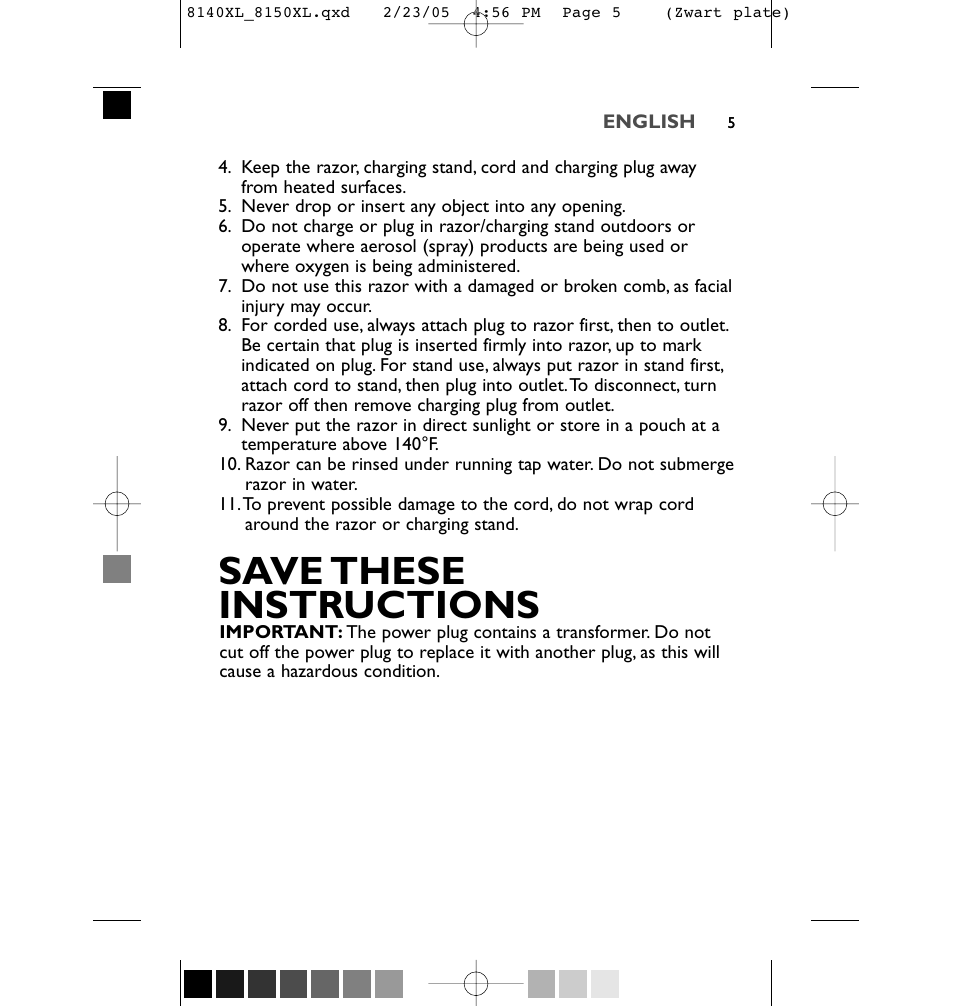 Save these instructions | Philips 8150XL-43 User Manual | Page 5 / 48