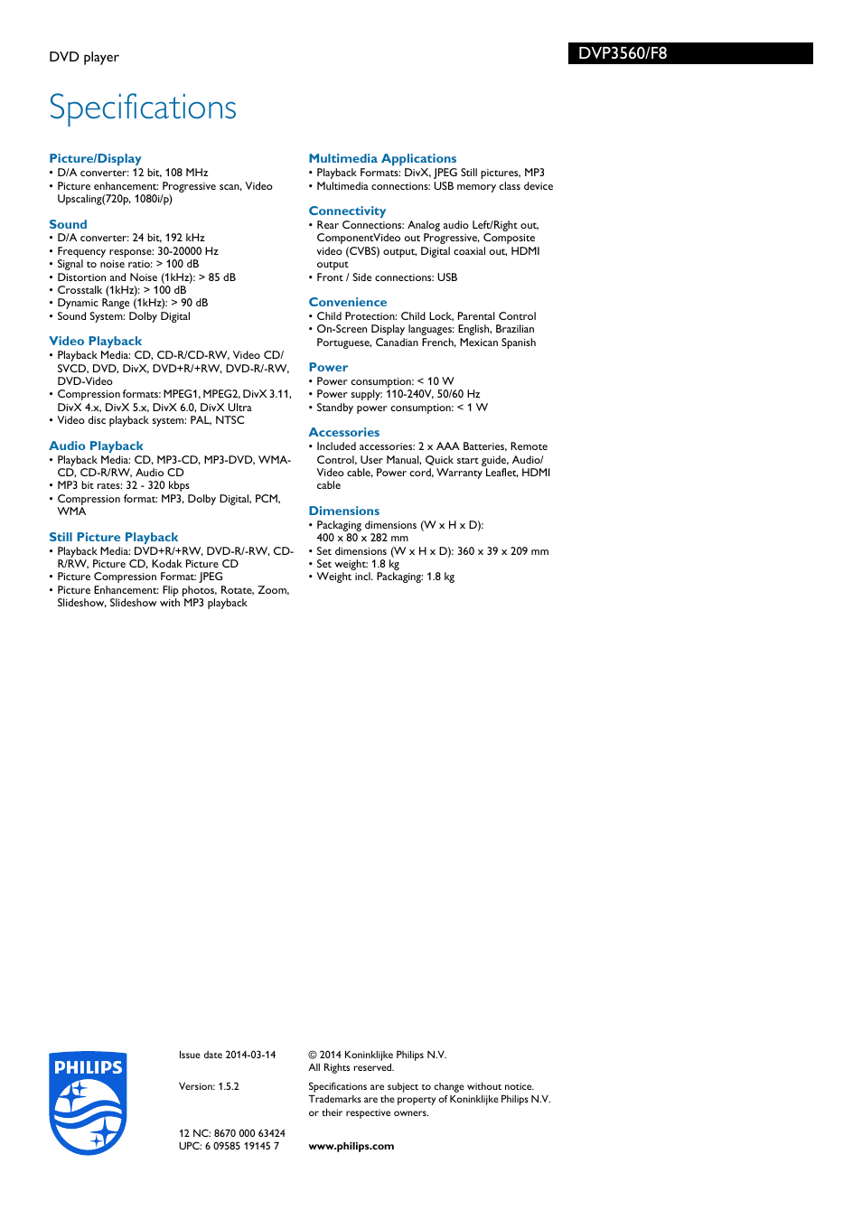 Specifications | Philips DVP3560-F8 User Manual | Page 3 / 3