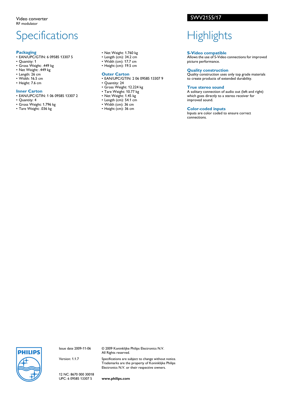 Specifications, Highlights | Philips SWV2155-17 User Manual | Page 2 / 2