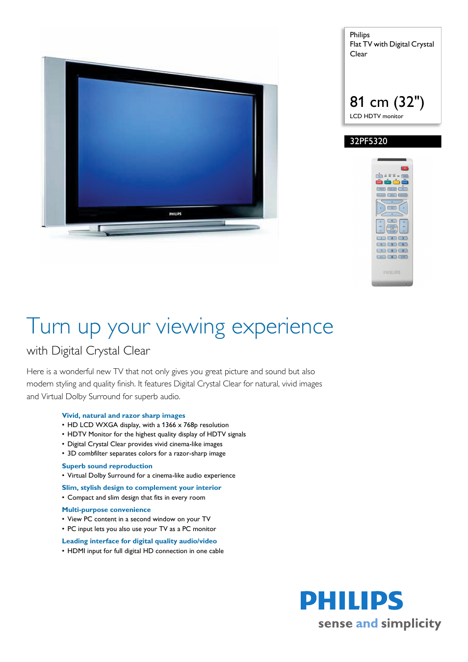 Philips Flat TV 32PF5320 81 cm 32" LCD HDTV monitor with Digital Crystal Clear User Manual | 3 pages