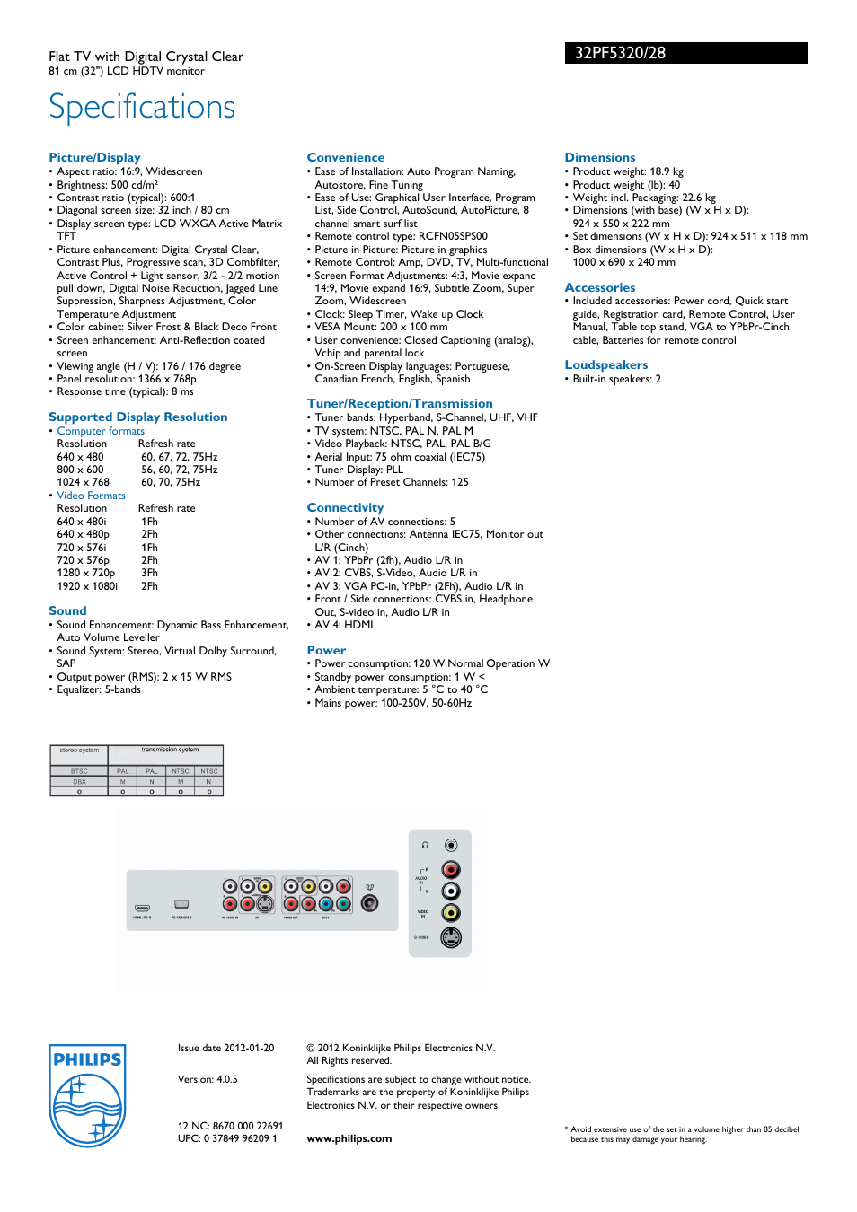 Specifications | Philips Flat TV 32PF5320 81 cm 32" LCD HDTV monitor with Digital Crystal Clear User Manual | Page 3 / 3