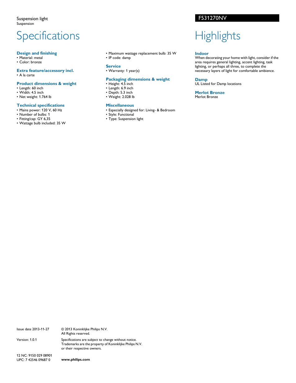 Specifications, Highlights | Philips F531270NV User Manual | Page 2 / 2