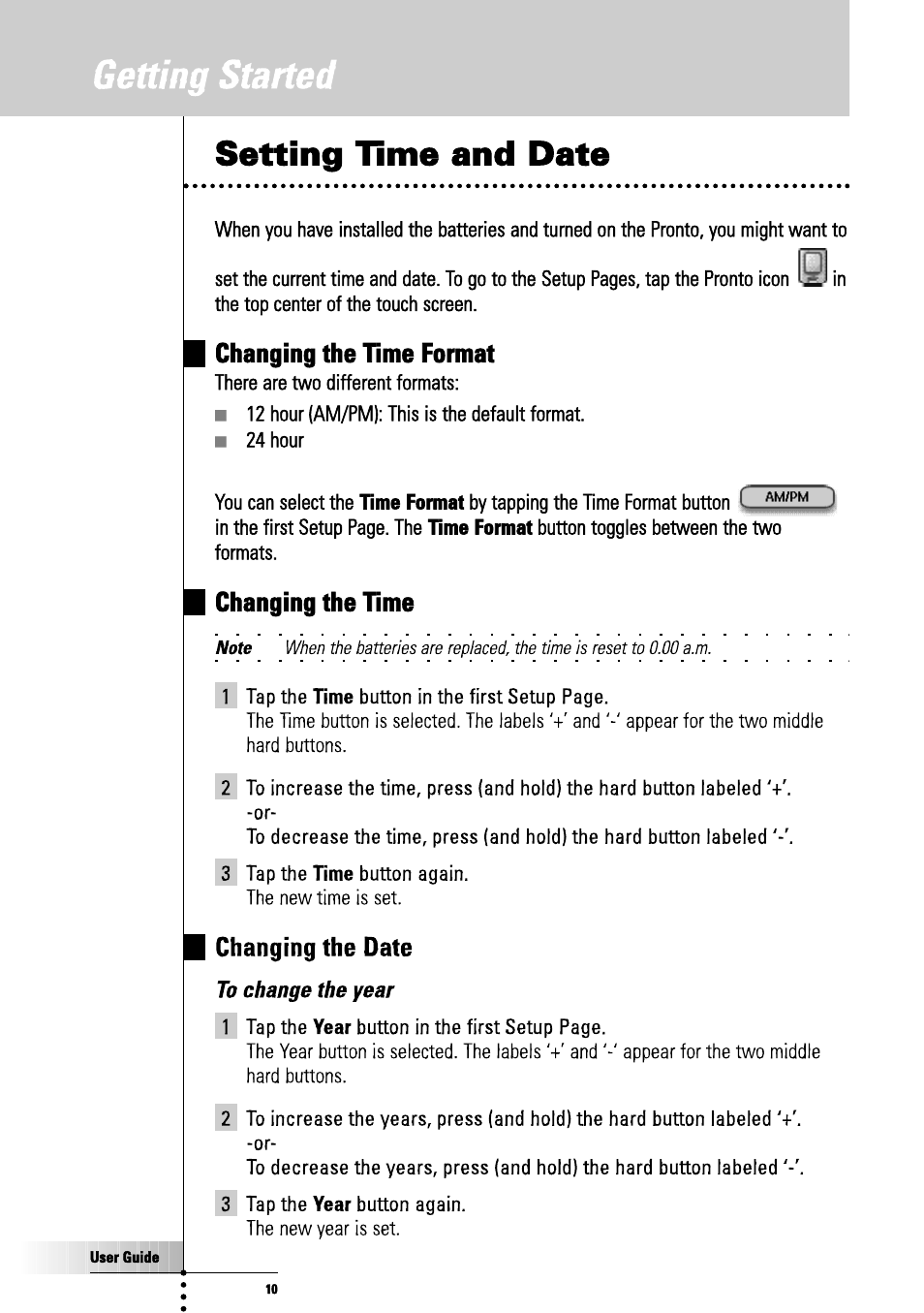 Setting time and date, Getting started, Hh96ci6c :h" -1 | 6 t4#ja, Hhanging :he da:e | Philips TSU3000 User Manual | Page 10 / 52