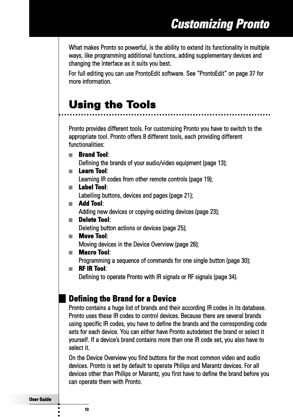 Using the tools, Customizing pronto, Defining the brand for a device | Philips TSU3000 User Manual | Page 13 / 52