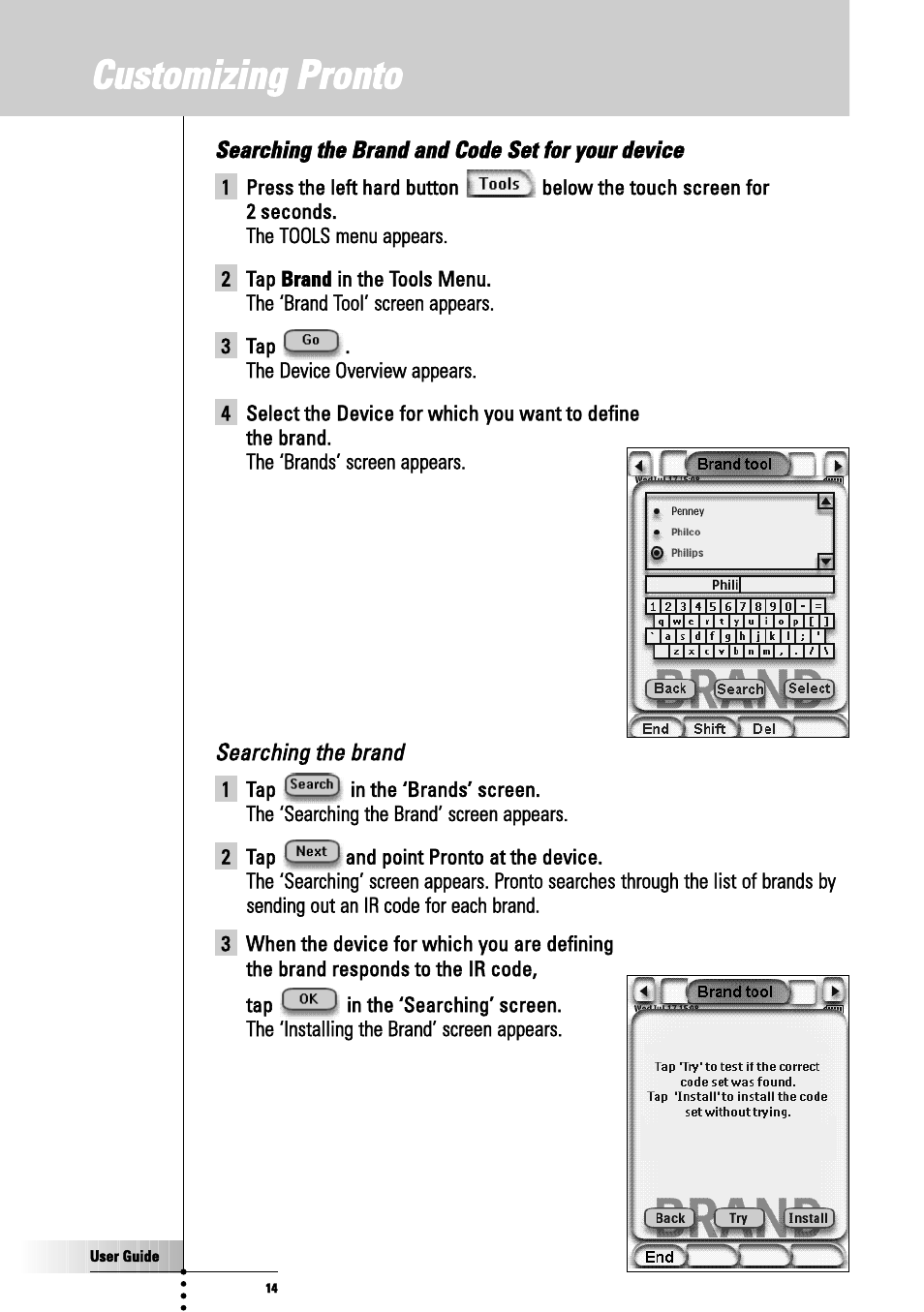 Customizing pronto, Searching the brand | Philips TSU3000 User Manual | Page 14 / 52