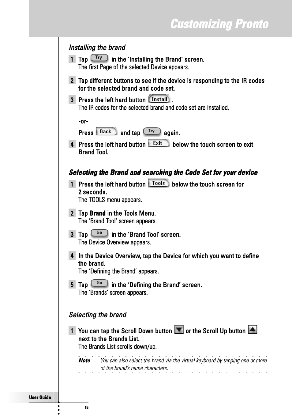 Customizing pronto, Installing the brand, Selecting the brand | Philips TSU3000 User Manual | Page 15 / 52