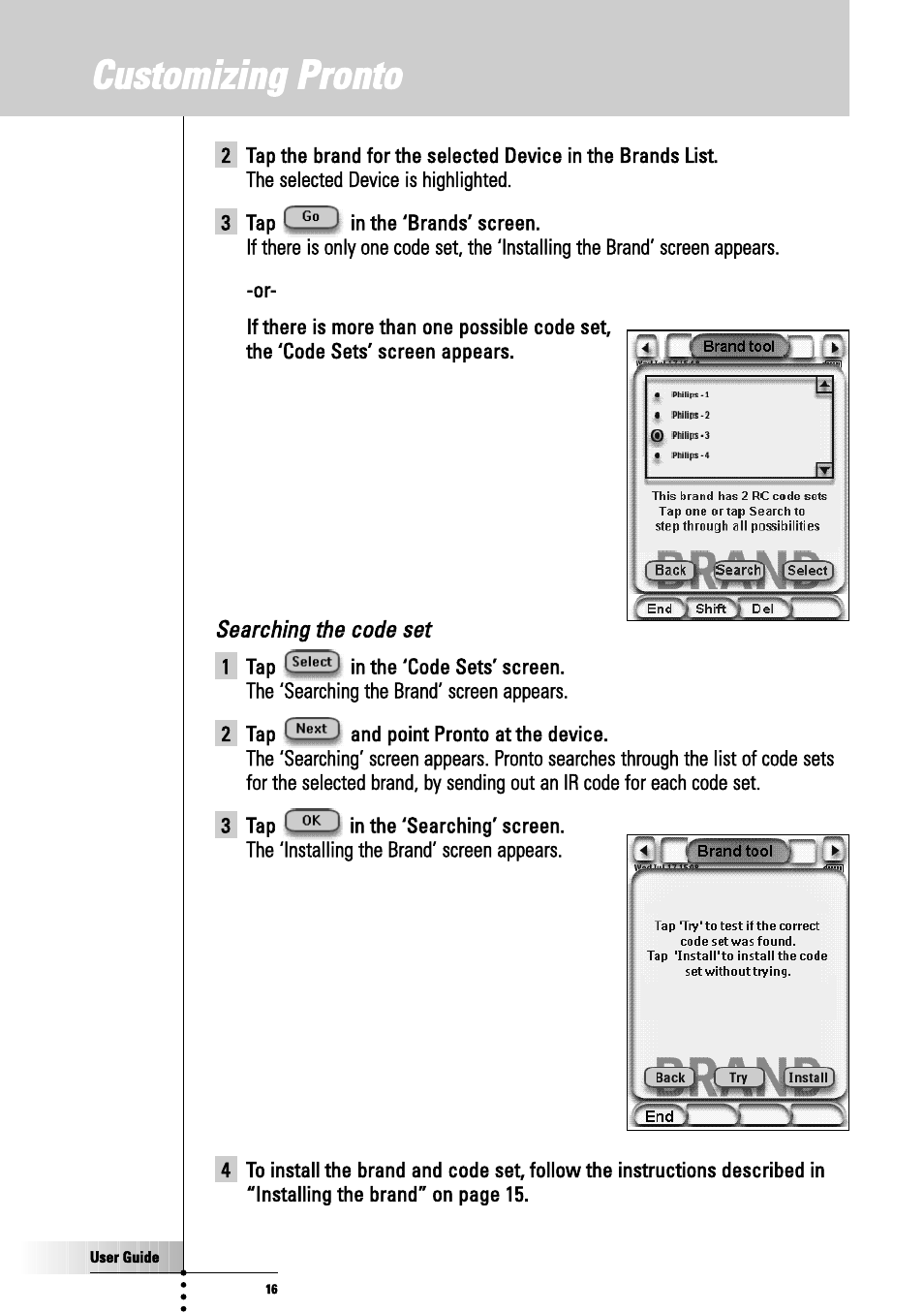 Customizing pronto, Searching the code set | Philips TSU3000 User Manual | Page 16 / 52