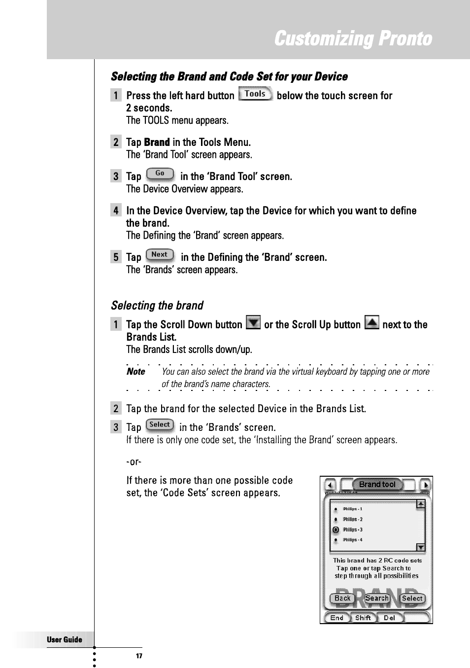 Customizing pronto, Selecting the brand | Philips TSU3000 User Manual | Page 17 / 52