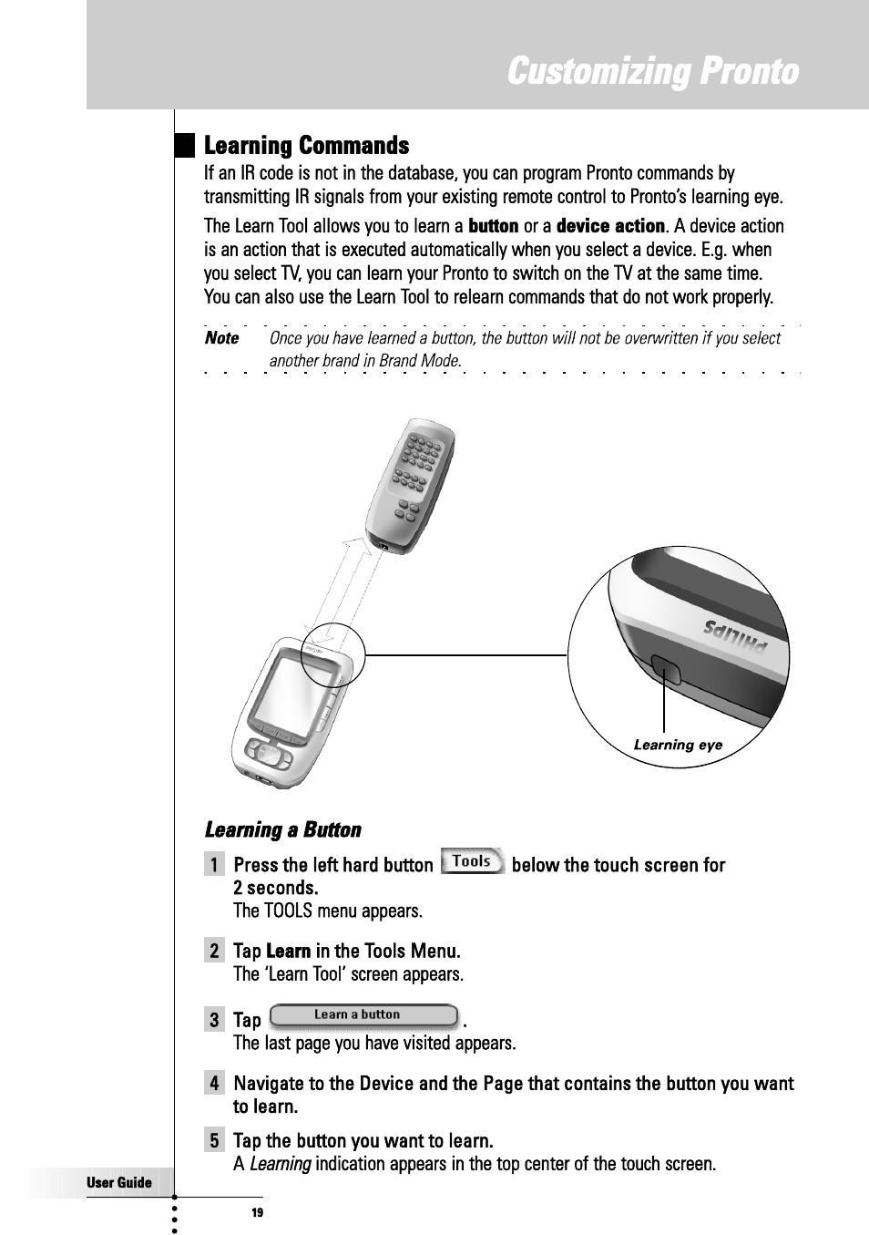 Learning a button, Customizing pronto, Learning commands | Philips TSU3000 User Manual | Page 19 / 52